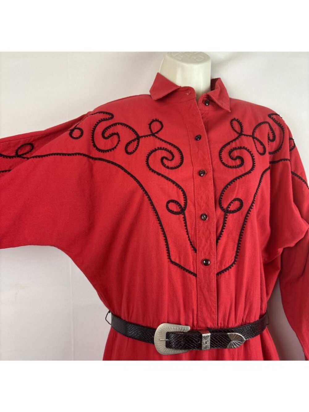 Circle T By Marilyn Lenox USA 9-10 Red Black Accents Western Belt Dance Dress - Picture 6 of 10